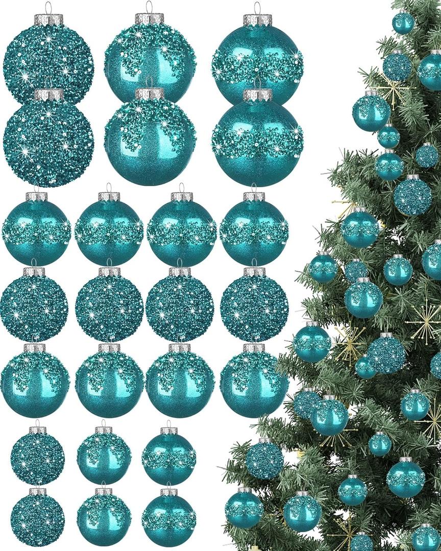Civaner 24 Pcs Glitter Christmas Ball Ornaments Set 3.2'' 2.4'' 1.6'' Christmas Tree Ornaments Hanging Sequin Shatterproof Balls for Xmas Tree Wreath Garland Xmas Home Decor (Teal)