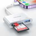 SD Card Reader for iPhone iPad, Built-in Lightning Connector Card Adapter with SD MicroSD USB-A 3 Slots Trail Camera Memory Card Viewer, Portable No App Required, Plug and Play