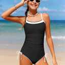 BAVADER Girls Swimsuit One Piece Modest Girls Bathing Suit Solid Square Neck Ruched Adjustable Straps Padded Swimwear , Black, 13-14 Years