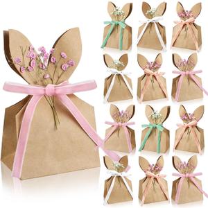 Affrolling 24 Set Boho Bow Easter Bunny Party Favor Bags DIY Bunny Gift Boxes with Neutral Bow Ribbon and Artificial Flowers Rustic Paper Rabbit Ears Treat Bags Bulk for Easter Farmhouse Spring