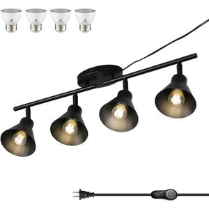 Black 4 Light Plug in Ceiling Light Fixture,Modern Plug in Track Lighting,16.4ft Cord with Timer & Dimming Switch,3 Way Ceiling Spot Lighting,Flexibly Rotatable Light HeadDimmable LED Bulbs Included