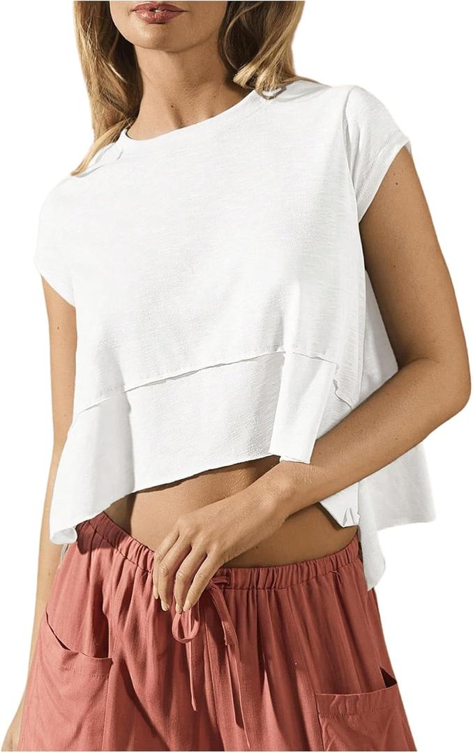 SOLY HUX Women's Athletic T Shirt Cap Sleeve Crewneck Asymmetrical Hem Tee Loose Fit Summer Crop Tops (White, S)