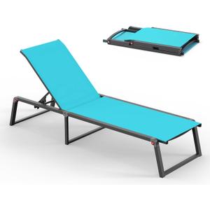 Aluminum Chaise Lounge Chair Outdoor, Foldable& No Assembly Patio Pool Lounge Chairs 5-Position Recliner for Outside, Fully Grounded Legs Sun Lounger for Poolside, Lake Blue