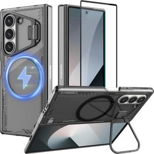 Nillkin [New Material for Samsung Galaxy Z Fold 6 Case, Built-in HD Screen Protector & Adjustable Camera Kickstand, Slim Clear Magnetic Phone Case for Samsung Galaxy Z Fold 6, Clear Black