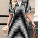 BLENCOT Women's Casual Polo V Neck T Shirt Striped Dress Summer Puff Short Sleeve MIdi Dresses (S)