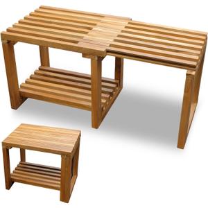 Teak Shower Bench [Expandable from 17" to 30"] Wooden Bathroom Bench for Inside Shower to Sit On, Wood Bath Chair, Teakwood Stool