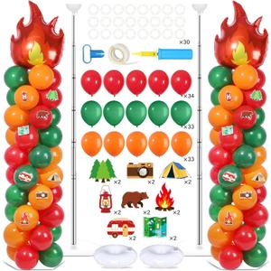 2 Sets Camping Balloon Column Stand Kit With 102 Camping Balloons Campfire Foil 5.57ft Adjustable Balloon Tower Stand With Bases Adjustable Arch Column for Camp Party Outdoor Birthday Supplies