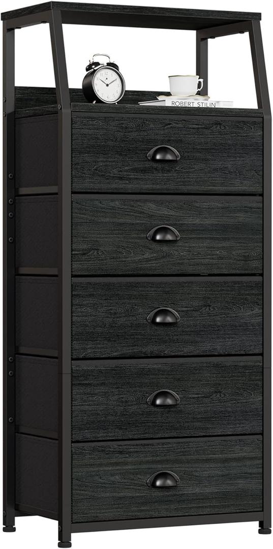 Furnulem Black Dresser with 5 Drawers, Vertical Storage Tower Fabric Dresser for Bedroom, Hallway, Entryway, Nursery, Closet Organizer, Nightstand Bedside Table Furniture, Sturdy Steel Frame, Wood Top, 11.5"D x 16.1"W x 43.3"H