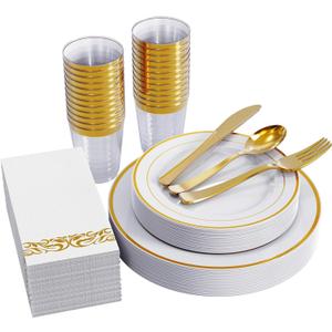 FOCUSLINE 175 Count Gold Dinnerware Set for 25 Guests - Gold Rimmed White Disposable Plastic Plates Heavy Duty, Includes 25 Dinner & Salad Plates, Cups, Cutlery Set for Wedding Parties