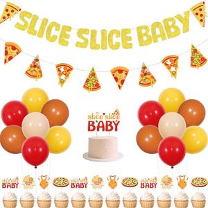 Fangleland Pizza Baby Shower Decorations, Slice Slice Baby Banner Garland Cake Cupcake Toppers Balloons, Red Fast Food Pizza Cooking Theme Gender Reveal Newborn Party Supplies