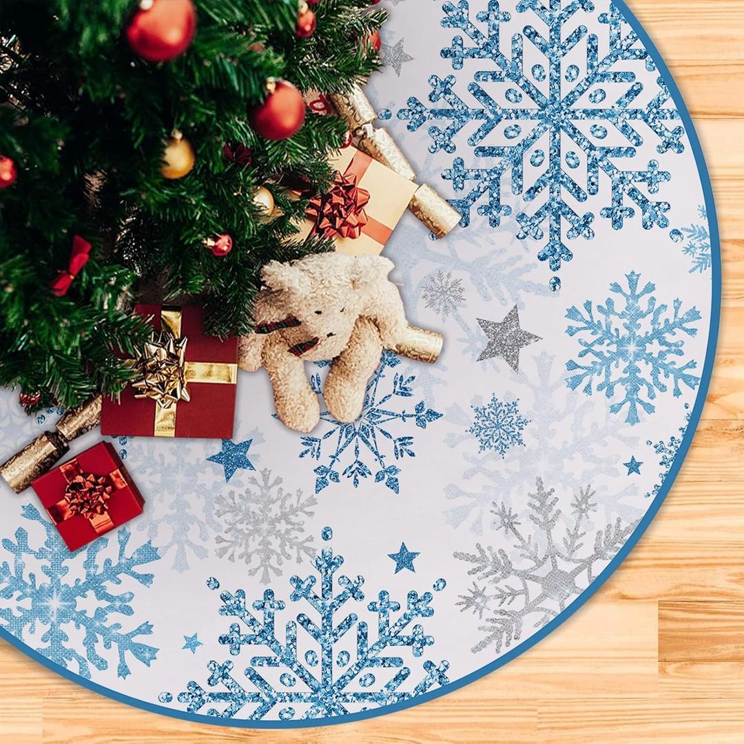 Snowflakes Christmas Tree Skirt 60 Inches Lace-up Winter Snow Extra Large Artificial Blue Xmas Tree Skirt, Stars Holiday Party Indoor Decoration Home Decor