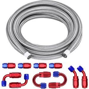 6AN 20FT PTFE Fuel Line Fitting Kit, E85 Oil Fuel Gas Hose Stainless Steel Braided Fuel Hose with 10PCS Aluminum Swivel Fuel Hose End Fitting Adapter Kit - Red & Blue