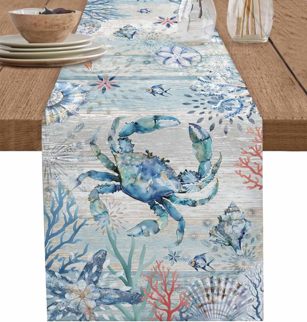 Coastal Crab Table Runner 60 Inches Long Farmhouse Dress Scarves, Nautical Summer Beach Starfish Coral Vintage Dining Tablerunner for Coffee Table/Kitchen Island/Party Décor, 13" x 60"