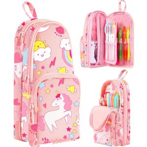 Cute Pencil Case,Unique Aesthetic 3D Schoolbag-Shaped Pencil Pouch for Girls Boys Kids Women,Big Capacity Pen and Pencil Stationery Organizer Bag with Zippers for School Office (Pink Rainbow)