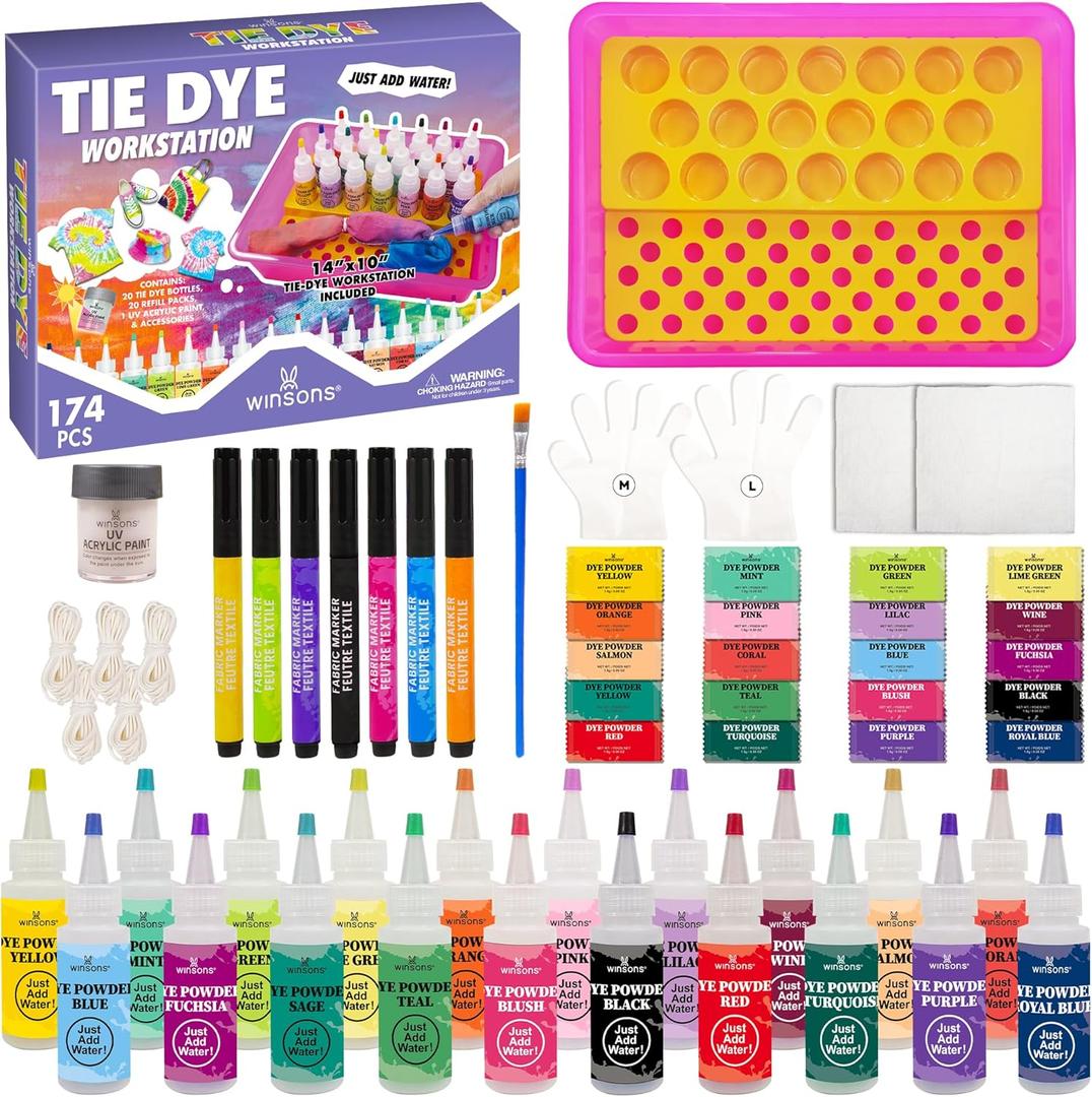 174 PCS Tie Dye Kit, Tie Dye Set Including 20 Colors Pre-Filled Tye Dye Bottles, 1 Tie Dye Workstation, 7 Set Fabric Markers, Non Toxic Permanent Fabric Dye Art Set- Perfect for Family & Party Fun