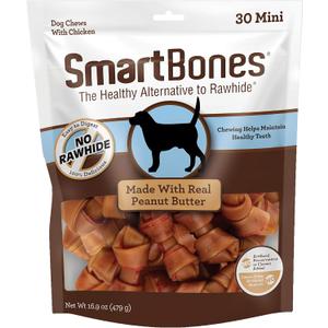 SmartBones with Peanut Butter Mini Chews 30 Count, Rawhide-Free Chews for Dogs, No Artificial Preservatives or Flavors Added, 16.9 OZ (SBPB-00310)
