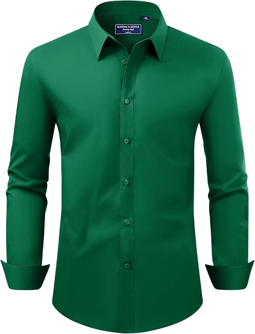 Alimens & Gentle Men's Dress Shirt Regular Fit Stretch Stain Shield Long Sleeve Solid Business Wedding Button Down Shirts (Green, 2XL)