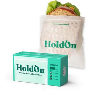 HoldOn Zipseal Sandwich Bags  Compostable, PFOA-Free, BPA-Free, Food-Safe Zip Seal Food Storage Bags With Secure Seal for Home & Travel, Freezer-safe (100 bags total)