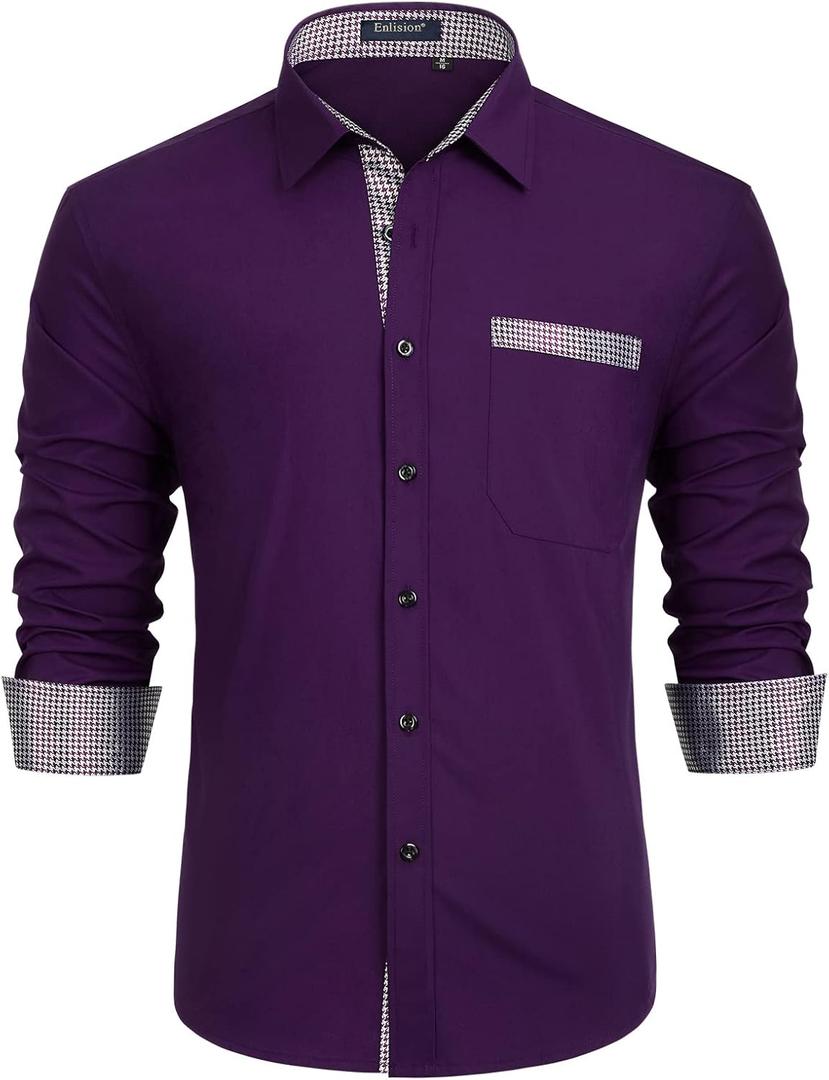 Enlision Dress Shirt for Men Button Down Long Sleeve Shirt Business Casual Inner Contrast Collar Wedding Shirts Regular Fit