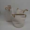 Cotton Rope Storage Basket, Large Woven Laundry Hamper with Handles, White Foldable set of 3( 15.5×12, 12×10,10.5×8.5in)