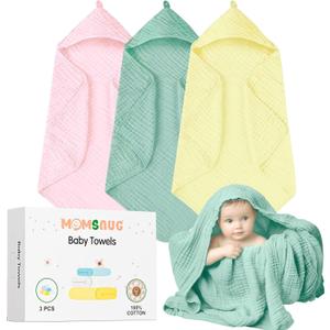 Muslin Hooded Baby Bath Towel Set 3 Pack, Muslin Cotton Baby Towels with Hood for Newborn, Baby Beach Towels for Boy, Girl, Babies, Infant, Toddler and Kids (35 X 35 Inch)(Light Green + Pink + Yellow)