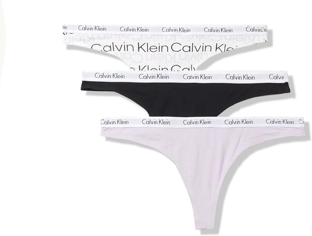Calvin Klein Women's Carousel Logo Cotton Stretch Thong Panties, 3 Pack (X-Large, Black / Orchid Petal / Reflected Logo_white/Orchid Petal)