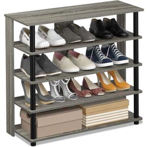 Furinno Turn-N-Tube 5 Tier Wide Shoe Rack, French Oak Grey/Black , 32 Inch