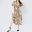 Women's Summer Leopard Print Casual Dress - Shirt Collar V-Neck Short Sleeve Flowy A-Line Dress (Medium, Brown)