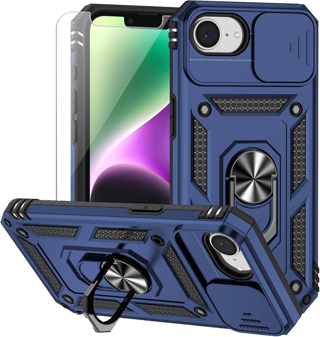 for iPhone 16E Case, with Camera Lens Cover HD Screen Protector, Dual Layer Military-Grade Drop Tested Magnetic Ring Holder Kickstand Protective Phone Case for Apple iPhone 16E / SE4 2025 (Navy Blue)