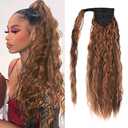 Corn Wave Ponytail Extension Clip in - 22 Inch Long Wavy Curly Wrap Around Pony Tail Heat Resistant Synthetic Hairpiece for Women (Brown mixed Light Auburn #8H30)