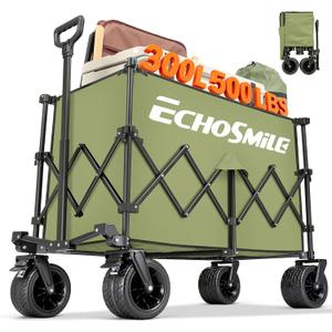 EchoSmile Collapsible Foldable Extended Wagon with 500Lbs Weight Capacity, 300L Folding Utility Wagon Cart with Big All-Terrain Wheels for Beach, Sport, Garden&Grocery (Green)