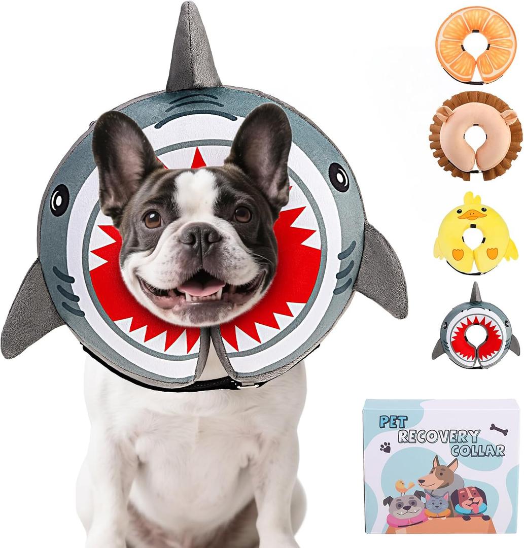 KOOLTAIL Inflatable Dog Cone Collar, Soft Cone for Dogs to Stop Licking Enhanced Alternative After Surgery, Pet Costume Recovery E Collar Adjustable Donut Neck Cone for Dogs, Upgrade Size, Shark M