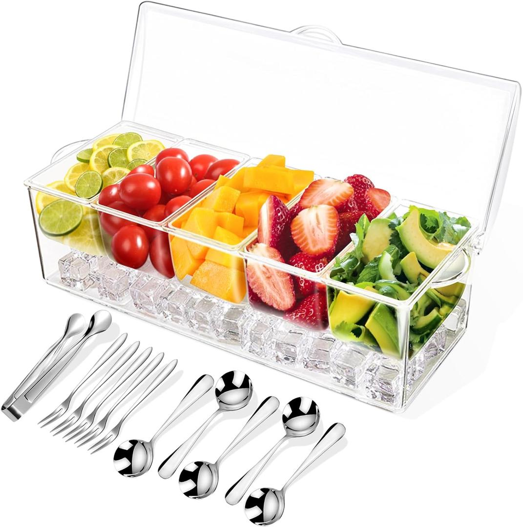 Condiment Tray with Stainless Steel 5 Spoons, 5 Forks and 1 Clip, Chilled Condiment Server, Condiment Server, Bar Garnish Holder on Ice, Bar Accessories Fruit and Salad with Removable Trays and Lid (Rectangular)