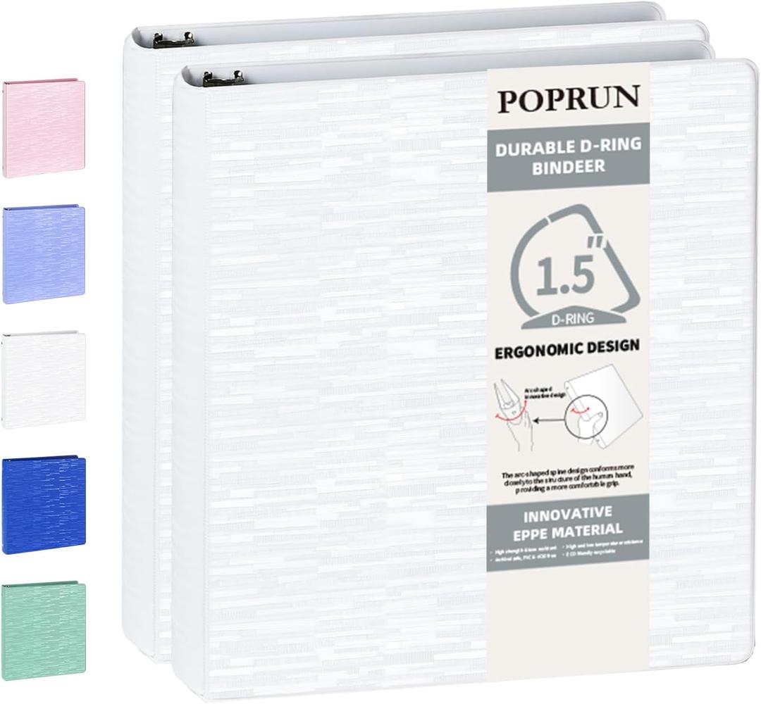 POPRUN 3 D Ring Binder 1.5 Inch, PVC-Free, Holds 375 Sheets of 8.5 x 11 Paper, Extra Durable Organizer with 2 Pockets for School & Office, Heavy-Duty, 2 Pack, White