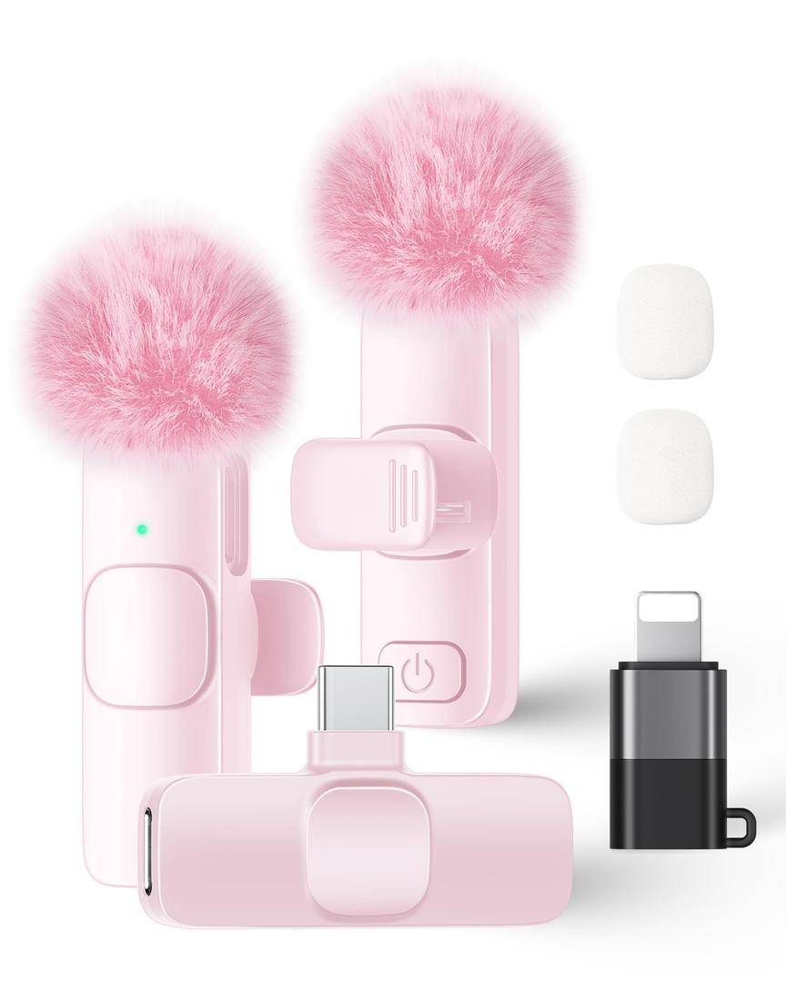 2 Pack Wireless Lavalier Microphone for iPhone iPad and Android Phone, Lapel Mic Plug and Play Wireless Mic Noise Reduction Mini Microphone for Video Recording Interview Podcast Vlog YouTube Tiktok Pink Mic 2 (2 TX + 1 RX)