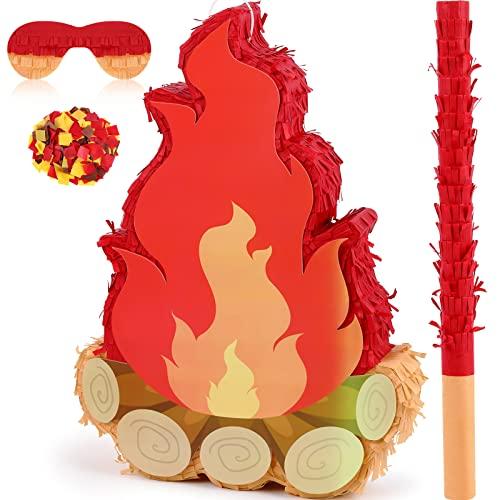 Small Camping Campfire Piñata Fake Flame Party Birthday Party Decoration Camping Adventure Baby Shower Photo Props with Wooden Stick Paper Confetti Set for Kids Boys and Girls,16.1 x 10.2 x 2.8 Inch