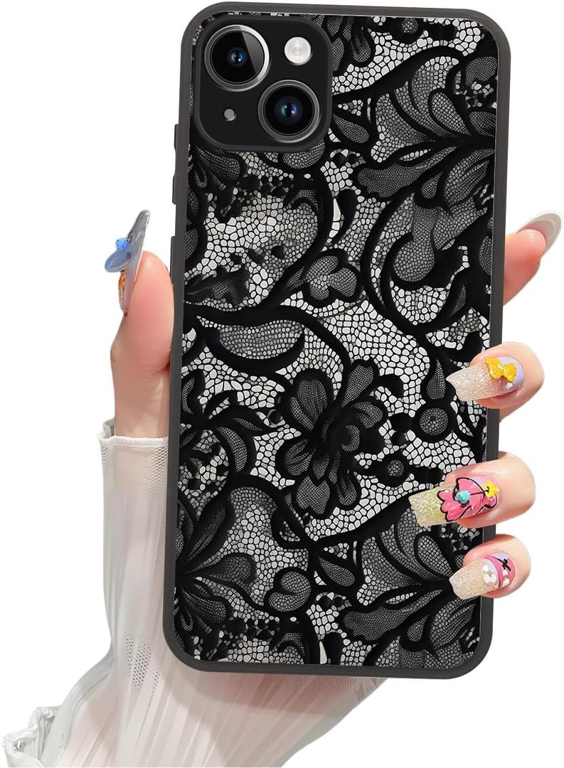Magnetic Phone case for iPhone 14 6.1 Inch, Grade Protection & Wireless Charging - Aesthetic Lace Flower Pattern Phone Cover for Girls Women -Black Vintage Lace