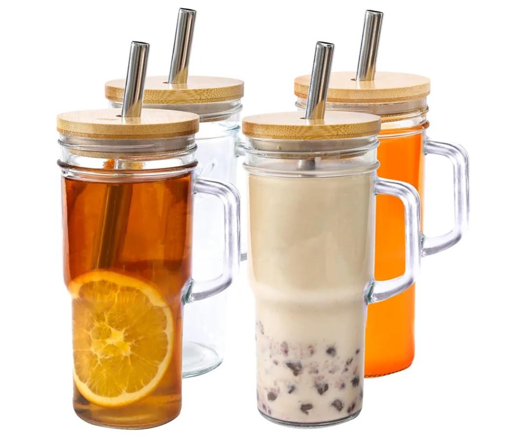 24oz Glass Cups with Lids and Straws - Glass Tumbler cup with bamboo lids and straw iced coffee cup