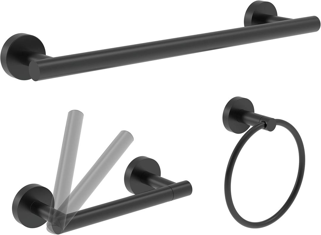 3pc Bathroom Hardware Set with Matte Black Toilet Paper Holder, Towel Ring, Towel Bar SUS304 Stainless Steel Toilet Paper Roll Holder Wall Mount, Bathroom Towel Holder, Towel Rack Set