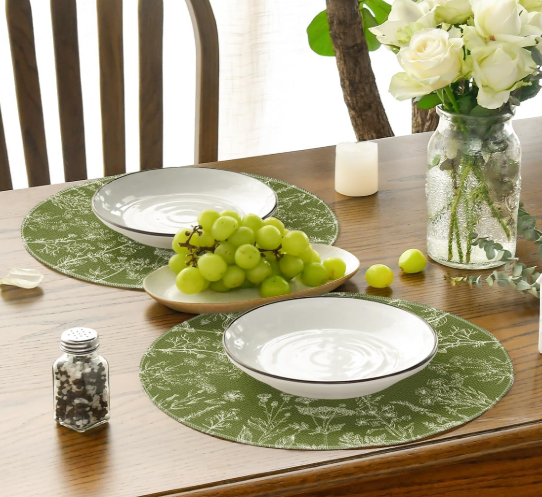 3pcs Artoid Mode Antique Herbs and Wild Flowers Spring Round Placemats Set of 3, 14 Inch Summer Round Table Mats for Dining Decoration (Green)