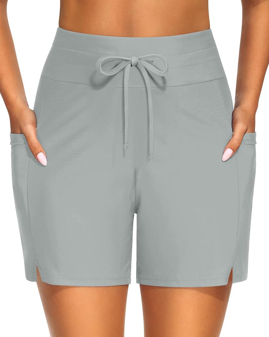 Yonique Womens Swim Shorts Bathing Suits Bottoms Swimsuit Bottoms(Available in Plus) with Pockets Light Gray M (M)