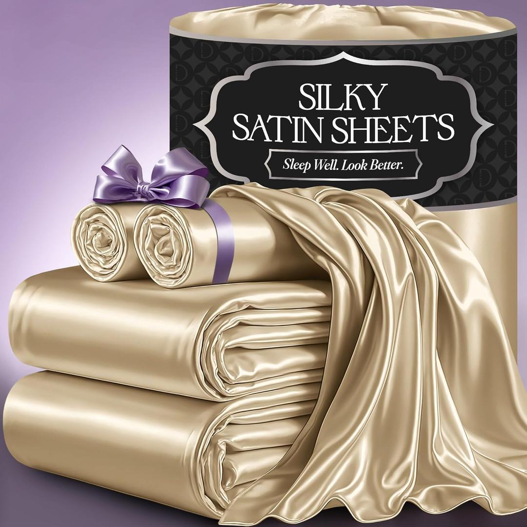 DECOLURE Satin Bed Sheets - 4 Piece Luxury Silky Queen Size Bedding Set - Softer Than Silk, Wrinkle-Free with 15” Deep Pocket Fitted Sheet, Perfect for Hair & Skin, Gifts for Women (Ivory)