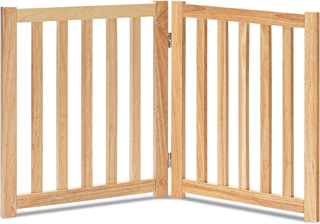 LZRS 2-Panel Wooden Free Standing Foldable Dog Gate Indoor  Solid Hardwood 24" High, Step-Over Safety Pet Gate for Doorways, Stairs & Small Spaces - Indoor Use, Natural