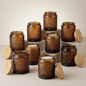 9-Pack 8oz Embossed Glass Candle Container with Bamboo Lids and Labels, Amber Candle Jars for Making Candles, Sun Moon Star Design