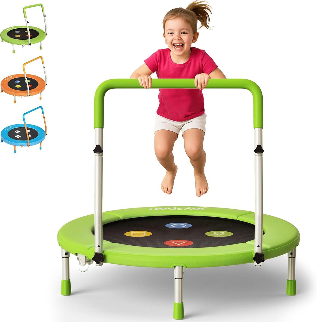 36-Inch Toddler Trampoline with Adjustable Bar, 3FT Foldable Mini Rebounder, Green