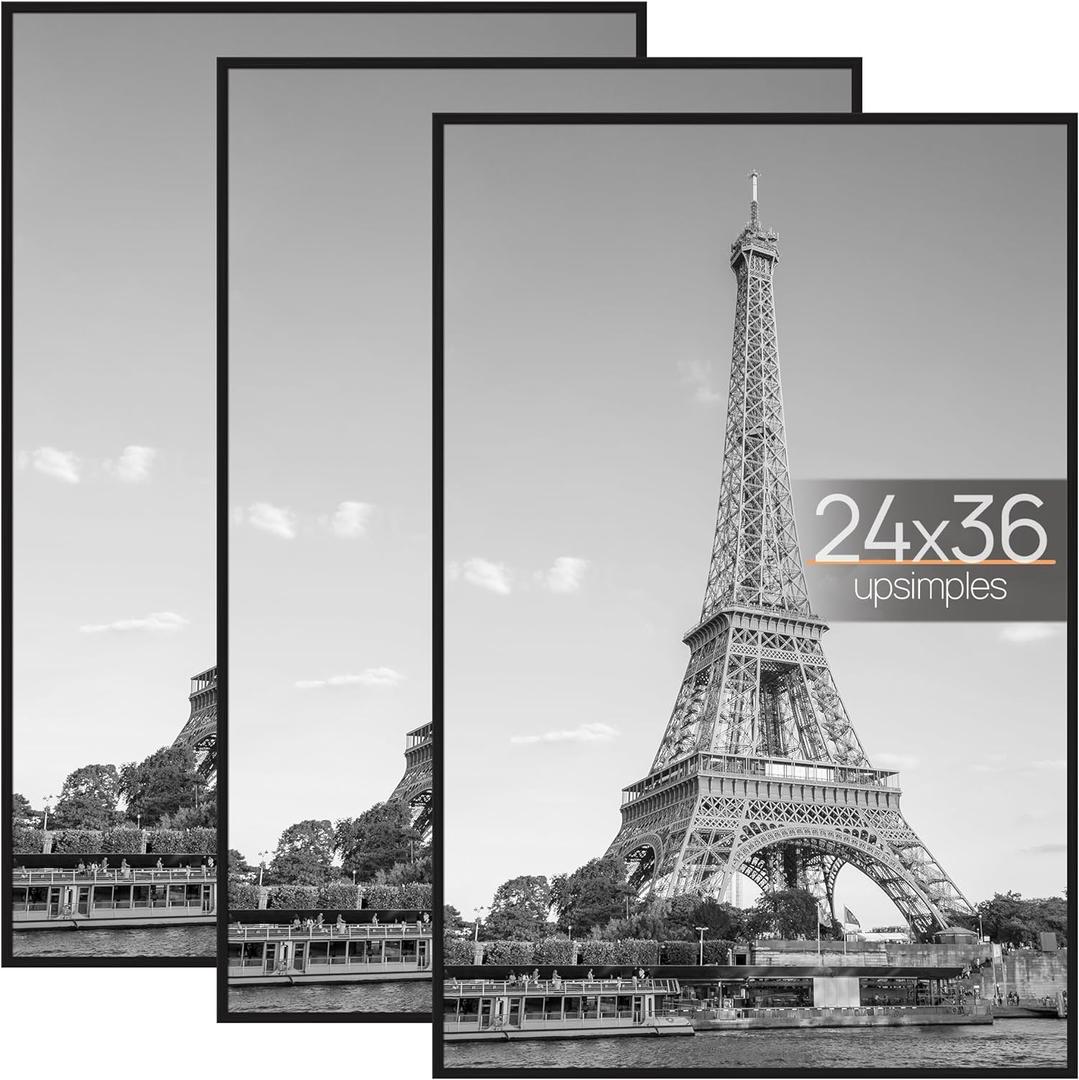 upsimples 24x36 Poster Frame Black 3 Pack, Scratch-Proof Picture Frames 24 x 36 for Photo Gallery - Slide-In Strips, Horizontal or Vertical Wall Mounting