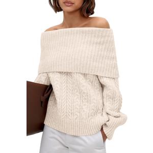 MASCOMODA Womens Sweaters Off The Shoulder Long Sleeve Cable Knit Sweater Loose Chunky Pullover Dressy Work Tops Fall Fashion (Beige)size 120