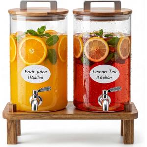 MerryNine 2PCS 1.1 Gallon Glass Drink Dispensers for Parties with Wood Stand, Punch Borosilicate Glass Beverage Dispenser, Leakproof Filter Stainless Spigot for Hot/Cold Lemonade Juice Tea Party Event
