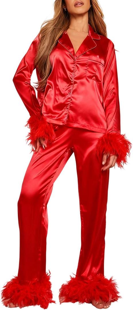 Women Satin Pajama Set Long Sleeve Button Down Feather Trim Blouse Wide Leg Pants Lounge Sleepwear Matching Sets, M, Red