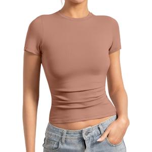 Womens Basic Non See ThroughT Shirts Crew Neck Crop Tops Double Lined Short Sleeve for Workout Compression Tee Y2K (XS)